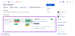 The Golive issue panel gives you key information about your Jira issue deployments and the environments they're in, extending the familiar Jira screens for developers and testers with added visibility and context.
