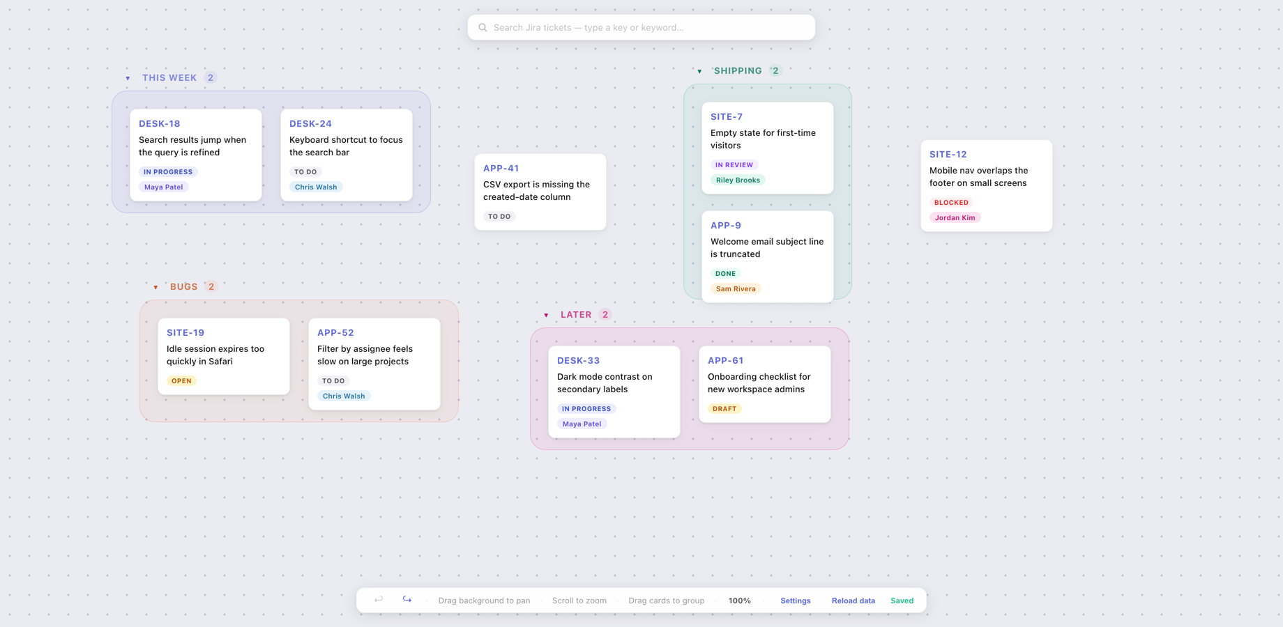 Search issues and drop them anywhere on the canvas. Cards stay where you put them — pan, zoom, and rearrange freely.