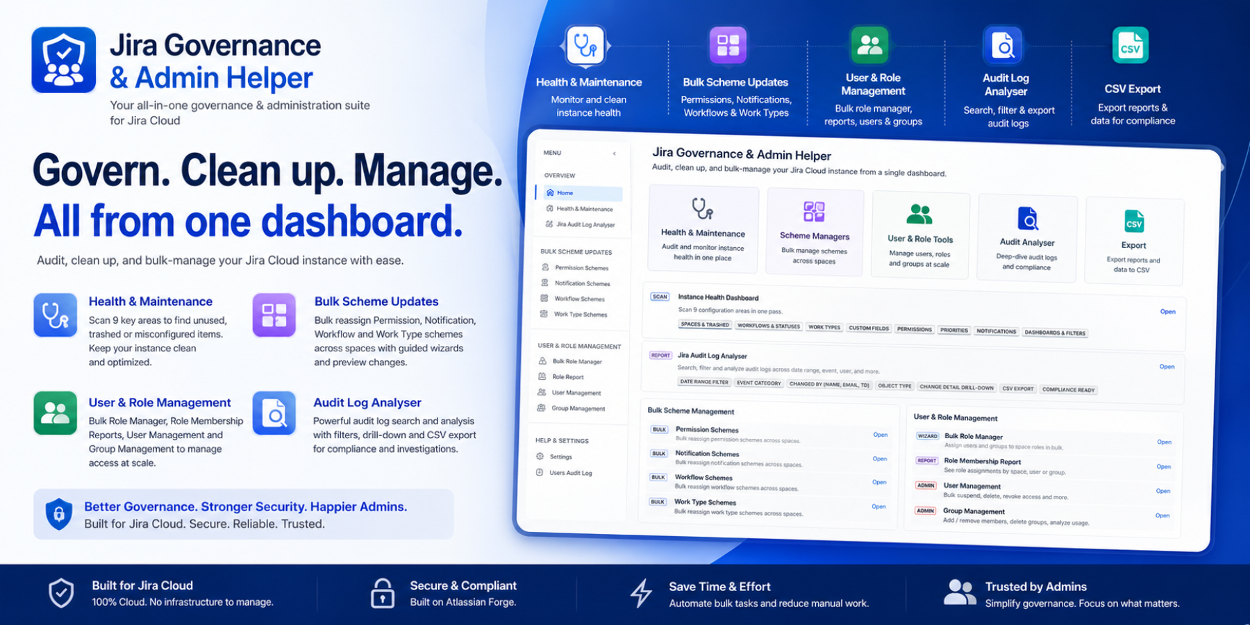 One dashboard to audit, clean, and bulk manage configurations. Track activity, update schemes, manage users and roles, and export reports—saving admins time while improving control, security, and compliance.