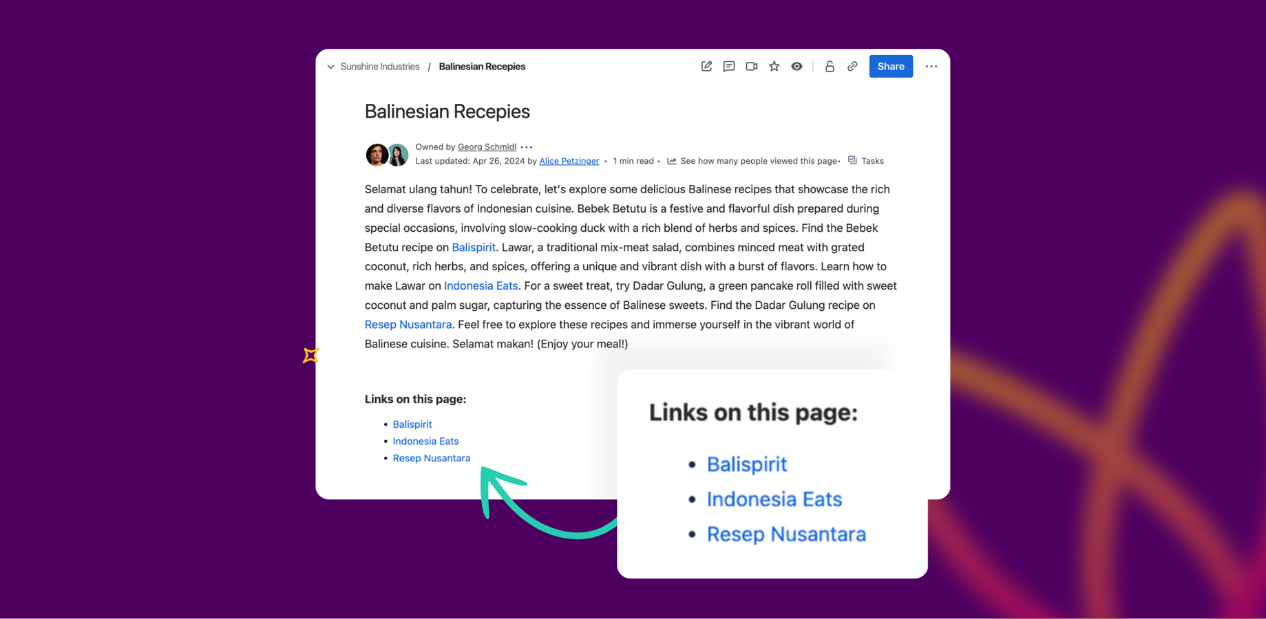 Use the Page Links macro in Confluence to summarize and organize your links in a clear list on any Confluence page.