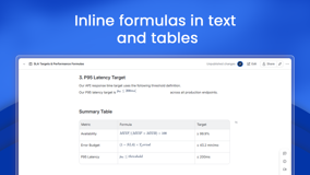 Inline formulas in text and tables. The SLA page with formulas in a sentence and a summary table.