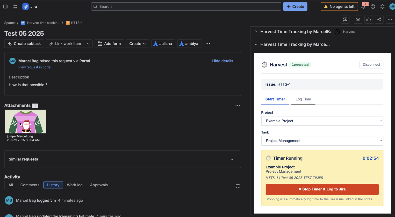 A running timer showing the live duration and the clickable link in Harvest.