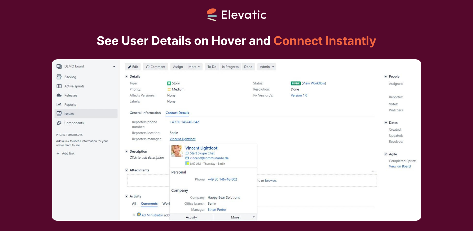 The Hover Profile shows major contact information. Clicking on telephone numbers launches the phone app.