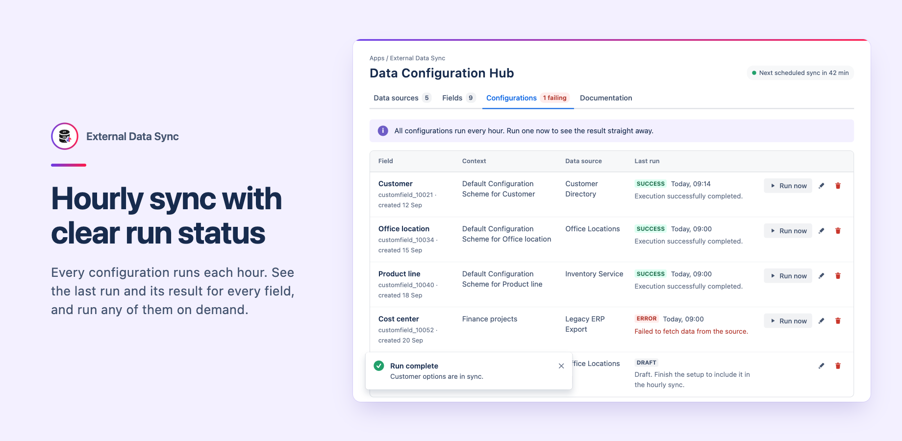 Configurations tab of the Data Configuration Hub: every synced Jira field with its context, data source and last run result, a Run now button on each row and the time until the next scheduled sync.