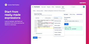 Smart Text Field editor with ready-made Jira expression examples such as previous status, parent priority and blocking issues. Add fields and operations from menus, run it on a real issue and check the result.