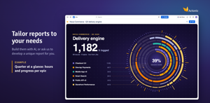 The whole quarter in one view: hours logged, progress per epic and share of work done, live from Jira. Written in HTML and JavaScript by you, your AI or our team.