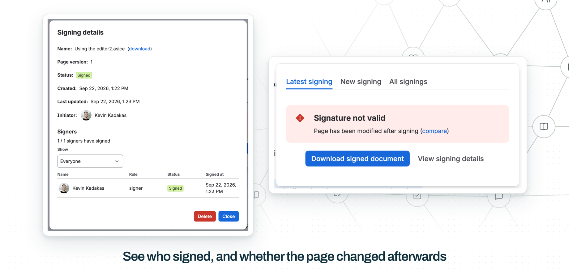 Left, signing details: the document, page version, status, initiator and when each signer signed. Right, a page edited after signing: the signature is no longer valid, with a link to compare versions.