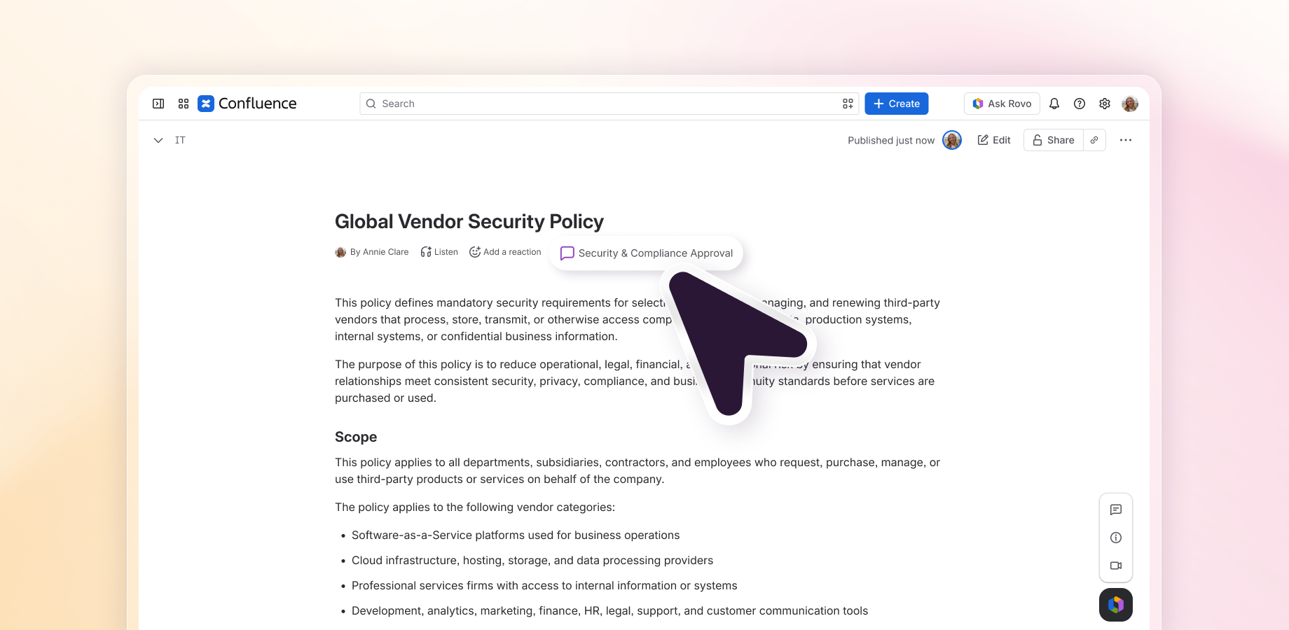 Stay compliant with built-in review reminders and audit trails. Track approvals, manage content lifecycles, and archive outdated pages – all on Atlassian's secure Forge platform.