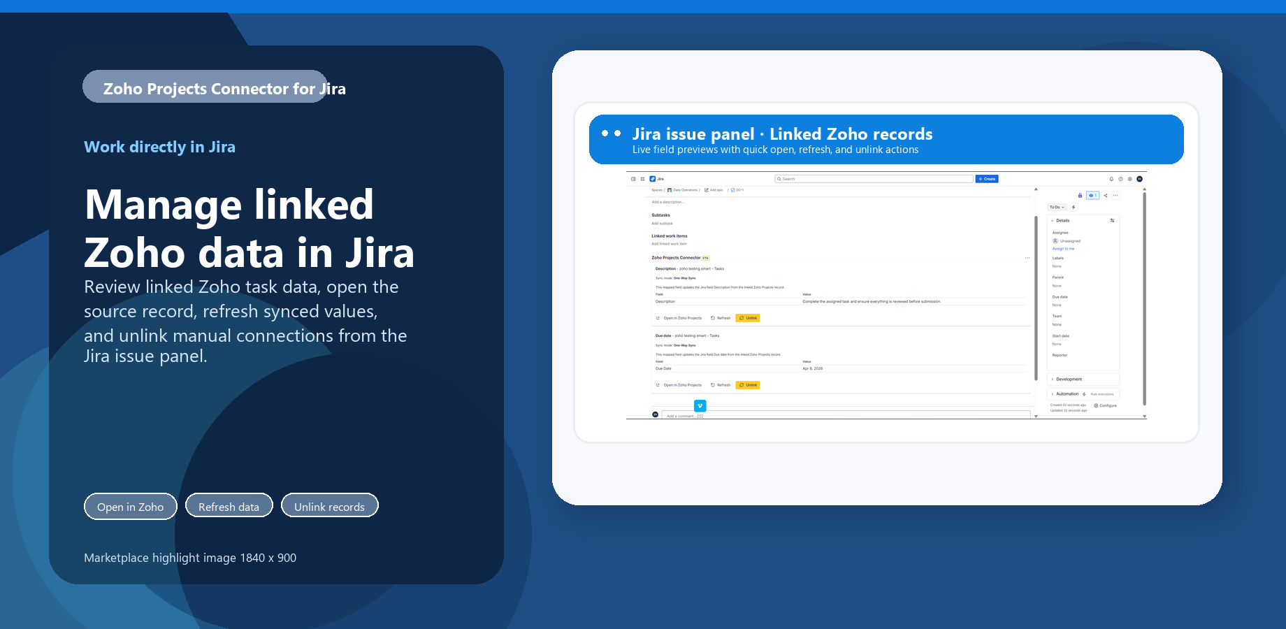Jira issue panel displaying linked Zoho task data with actions to open the record in Zoho Projects, refresh values, or unlink it.