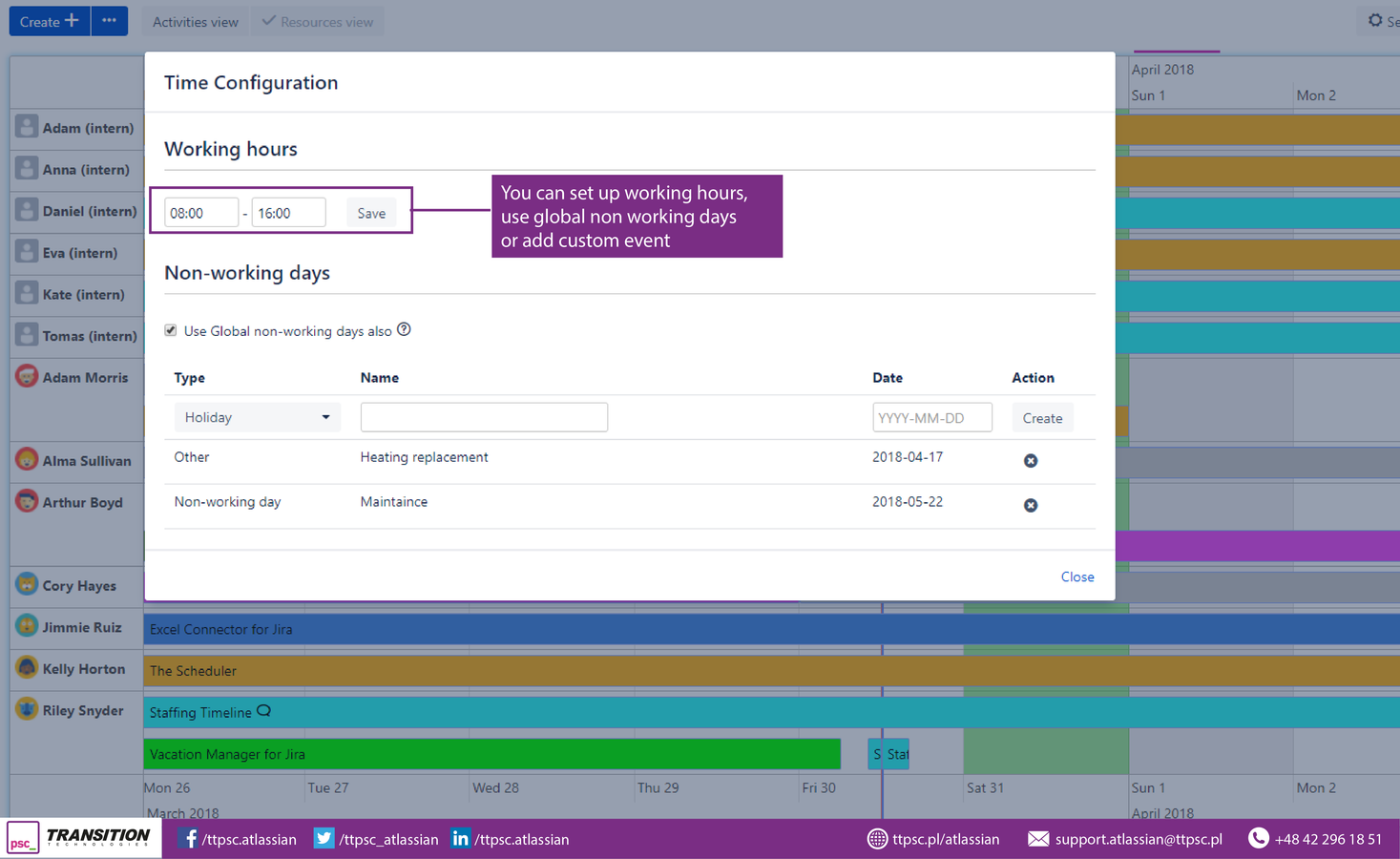 Set up working and non-working days when planning your activities. You can enter both start and end date or you may enter start date and number of working hours and program will calculate the end date for you!
