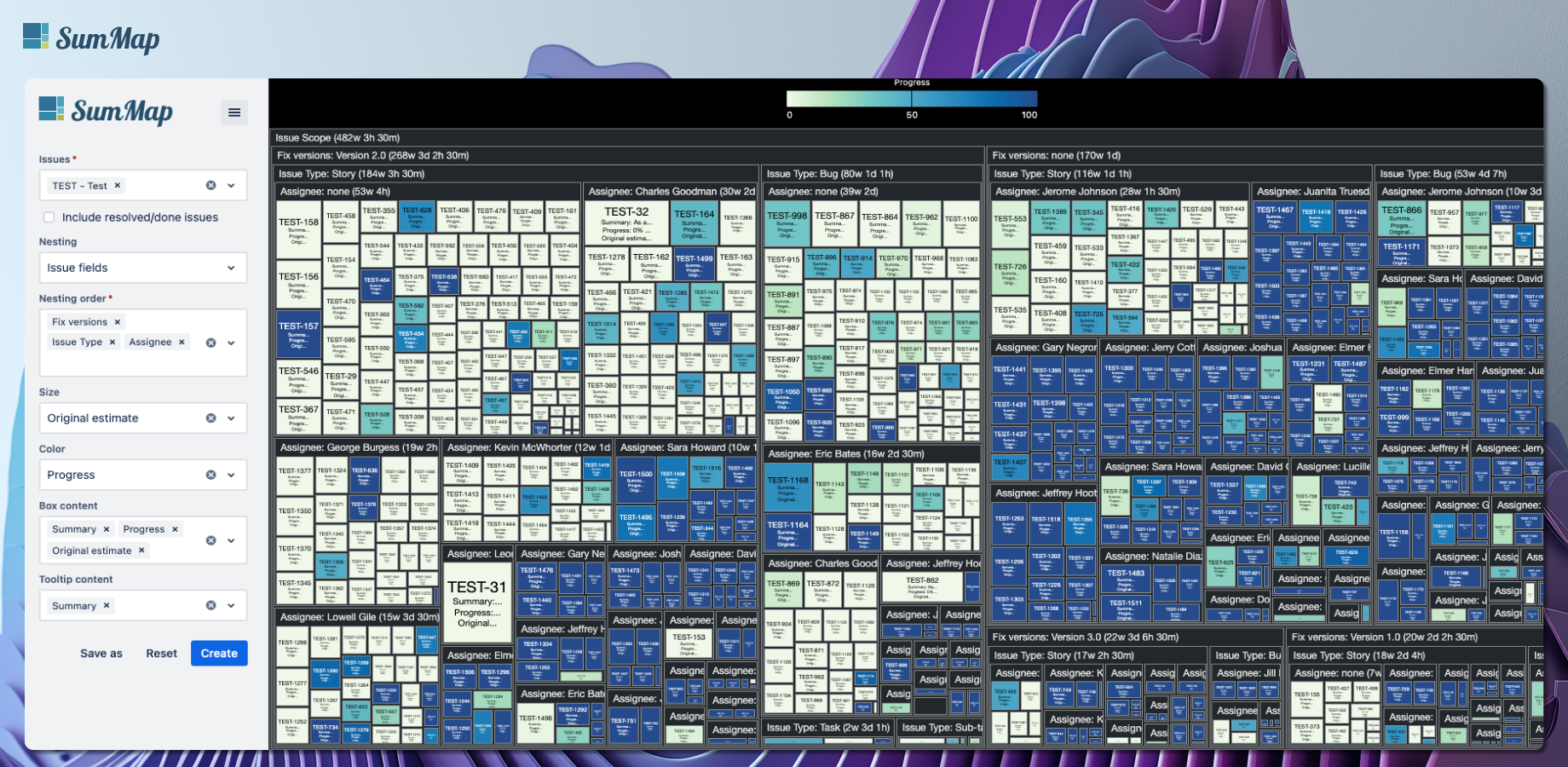 Issues are shown as rectangles, using size and color encoding. Total the sum of estimates, time spent, progress etc per hierarchy level (from subtasks to projects) or by nested groups, e.g. assignee, issue type, status.