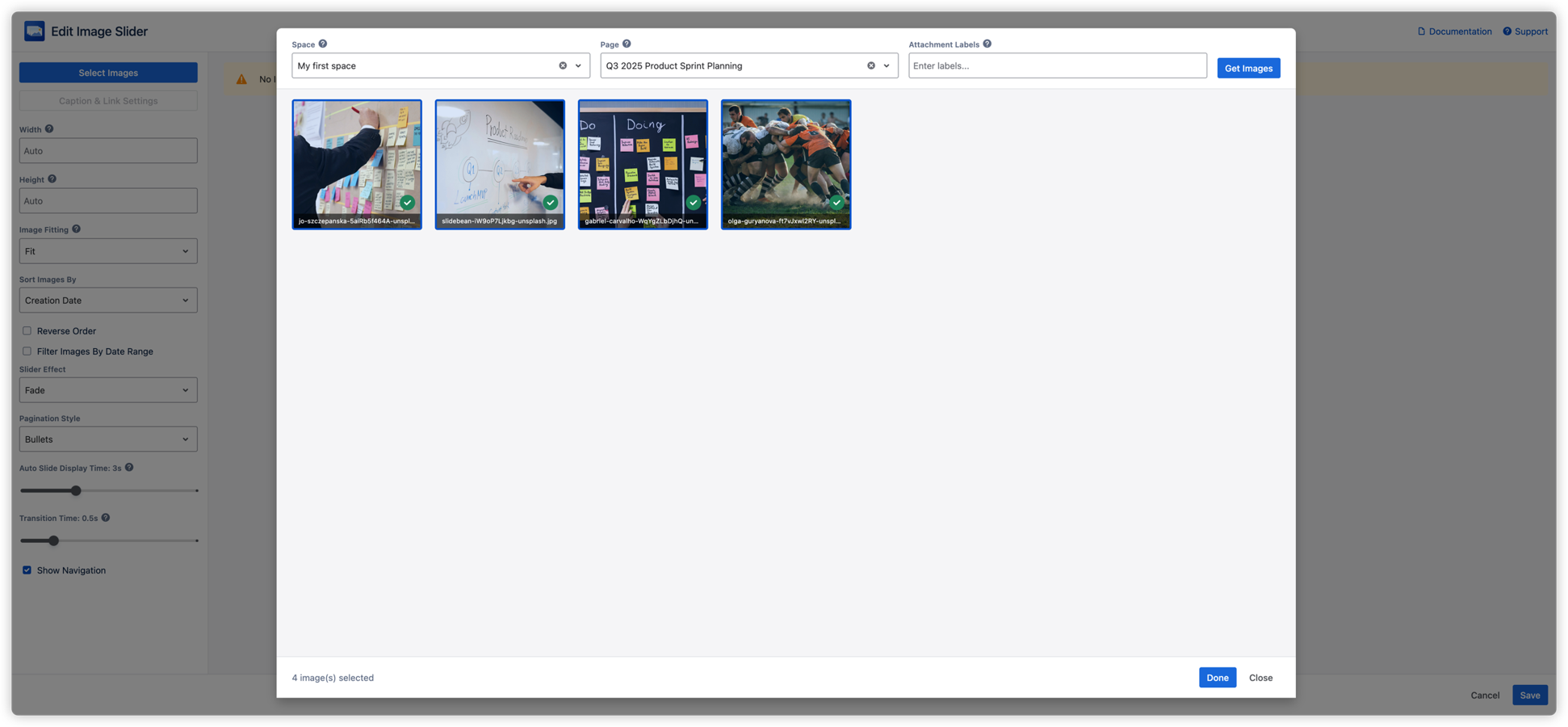 The image picker lets you browse any Confluence space, filter by page or label, and select multiple images in one step. Selected images are highlighted with a checkmark for quick confirmation.