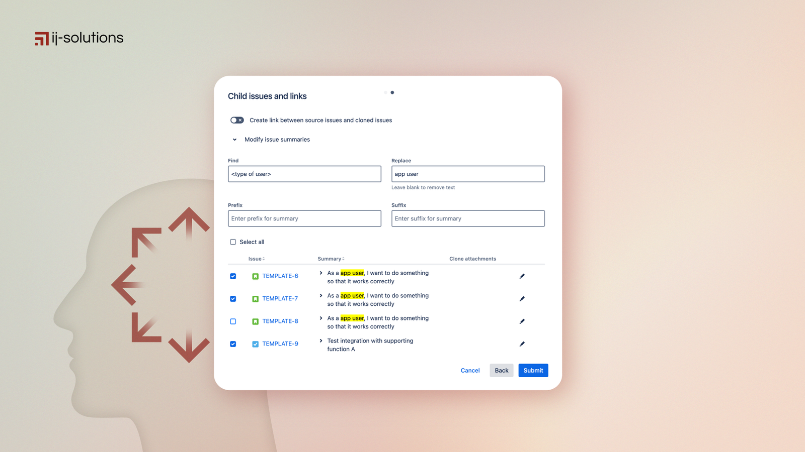 Choose specific issues to clone, including child issues, links, and even attachments—all in one menu for effortless operation.