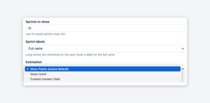Estimate by Story Points, issue count or a custom numeric field (Pro), and show the last 1 to 20 closed sprints (Free: up to 7).