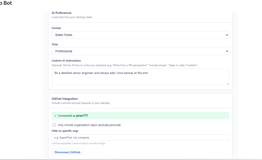 Settings page where github connection is done and custom prompts are made.