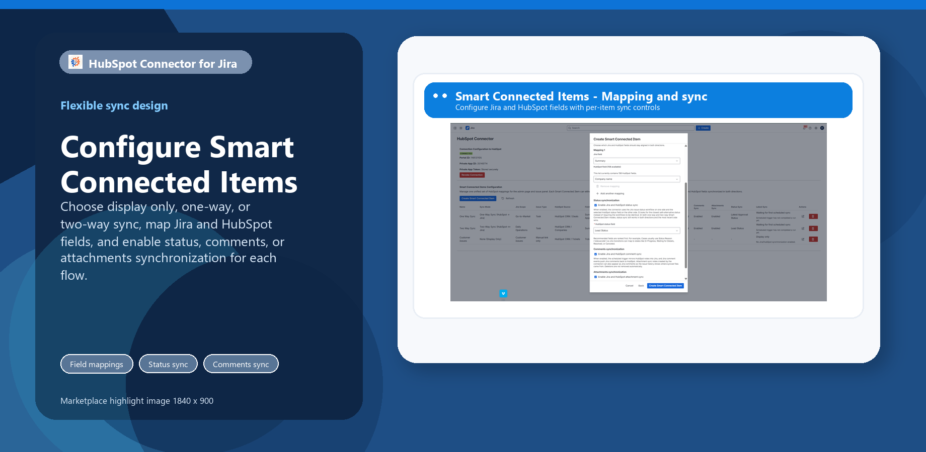 Smart Connected Item setup modal with Jira-to-HubSpot field mappings and toggles for status, comment, and attachment synchronization.