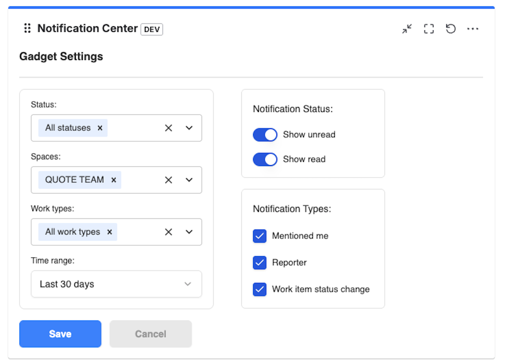 Notification Center Gadget settings