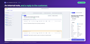 One request carrying two comment boxes: a Reply to customer on top because it posts last, and an Internal note under it, which posts first. The card reads the way Jira will show it.