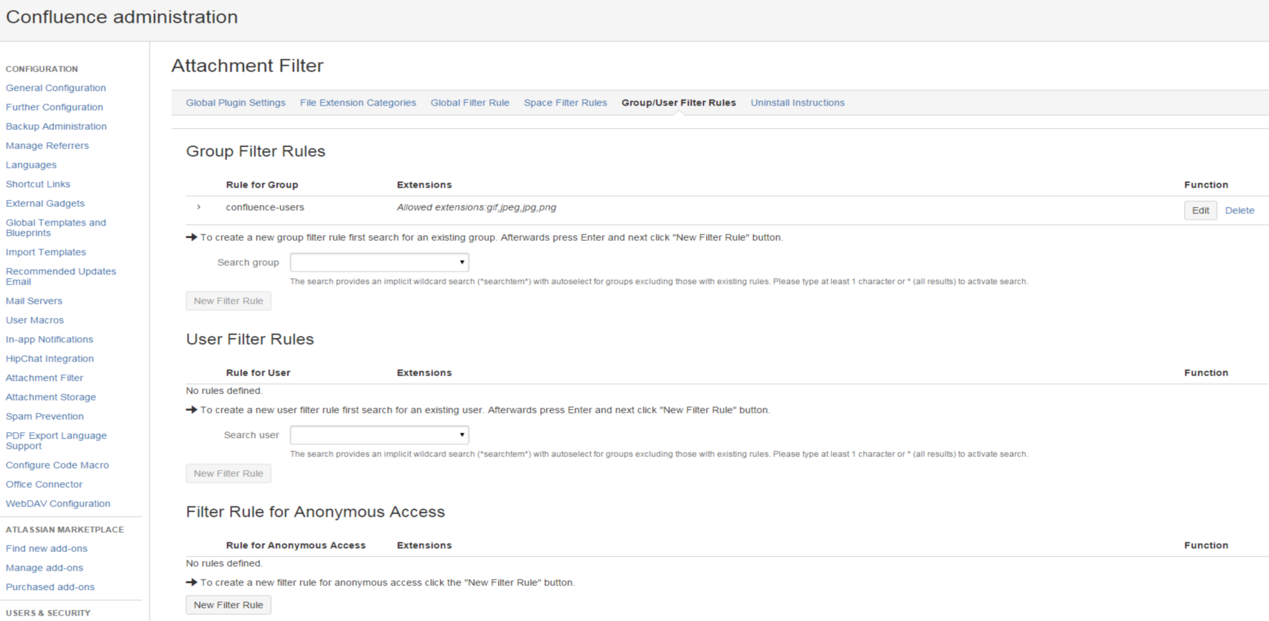 Refine your attachment filter rules and establish fine-grained control over the specific file types your users, group members or anonymous users are allowed to upload.