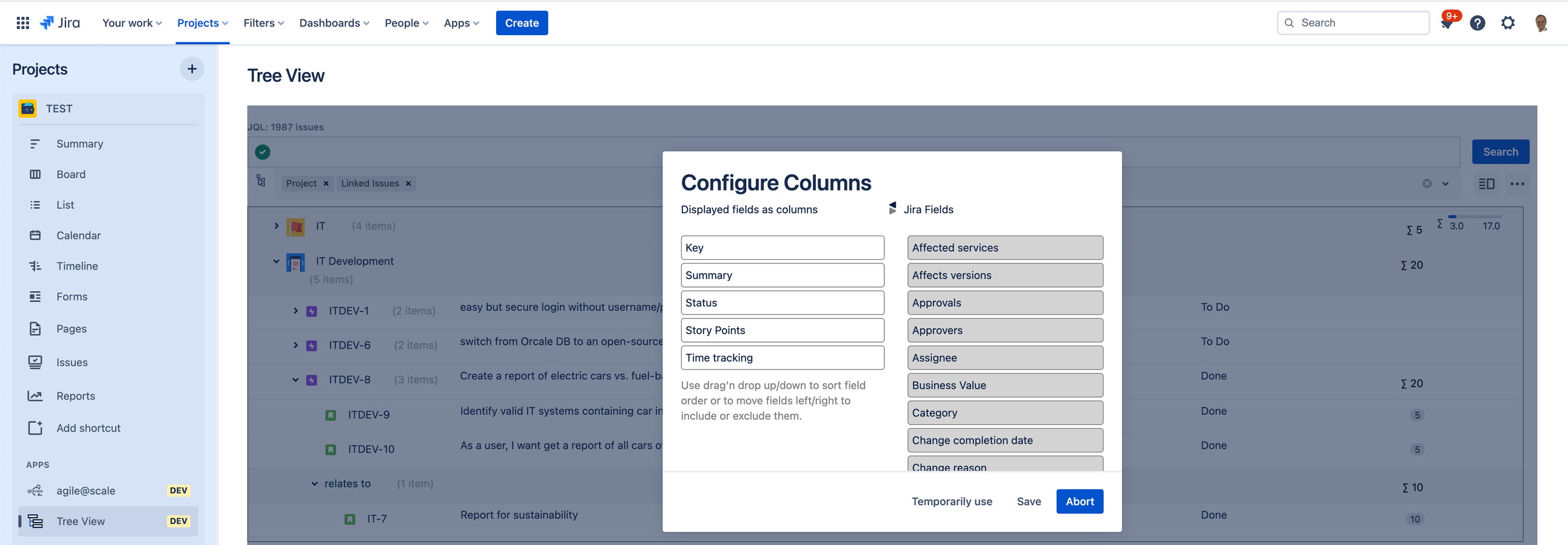 Configure fields to be displayed as columns and order them according to your needs.
