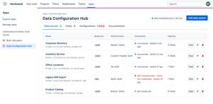 Data Configuration Hub: manage all your REST API data sources in one place. See each source's response type, authorization, connection test result and the Jira fields that use it.