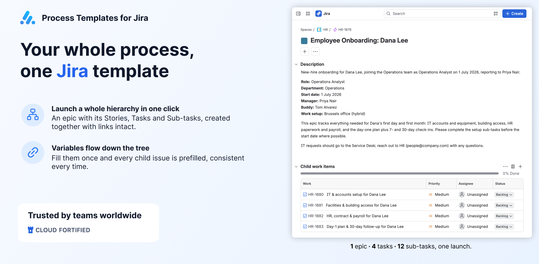 Process Templates for Jira launching a whole Employee Onboarding epic with its tasks and sub-tasks in one click, a reusable Jira process template with the hierarchy created together.