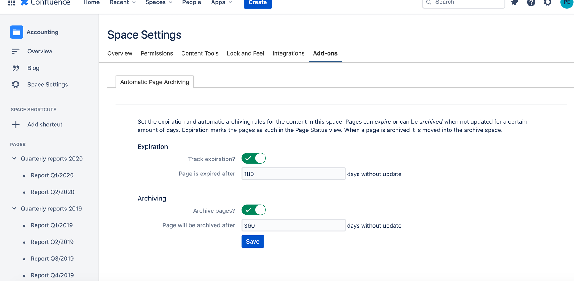Define clear and concise rules of when content expires and when it should be archived. Separate rules for separate spaces allow you to flexibly define them for different types of content.