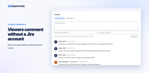 Viewers comment from the shared page with an optional name and email. Each comment lands on the work item in Jira.