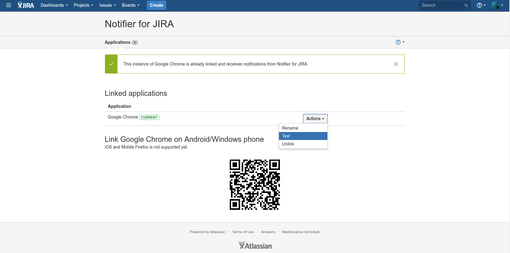 Rename, unlink or send test notification for an application