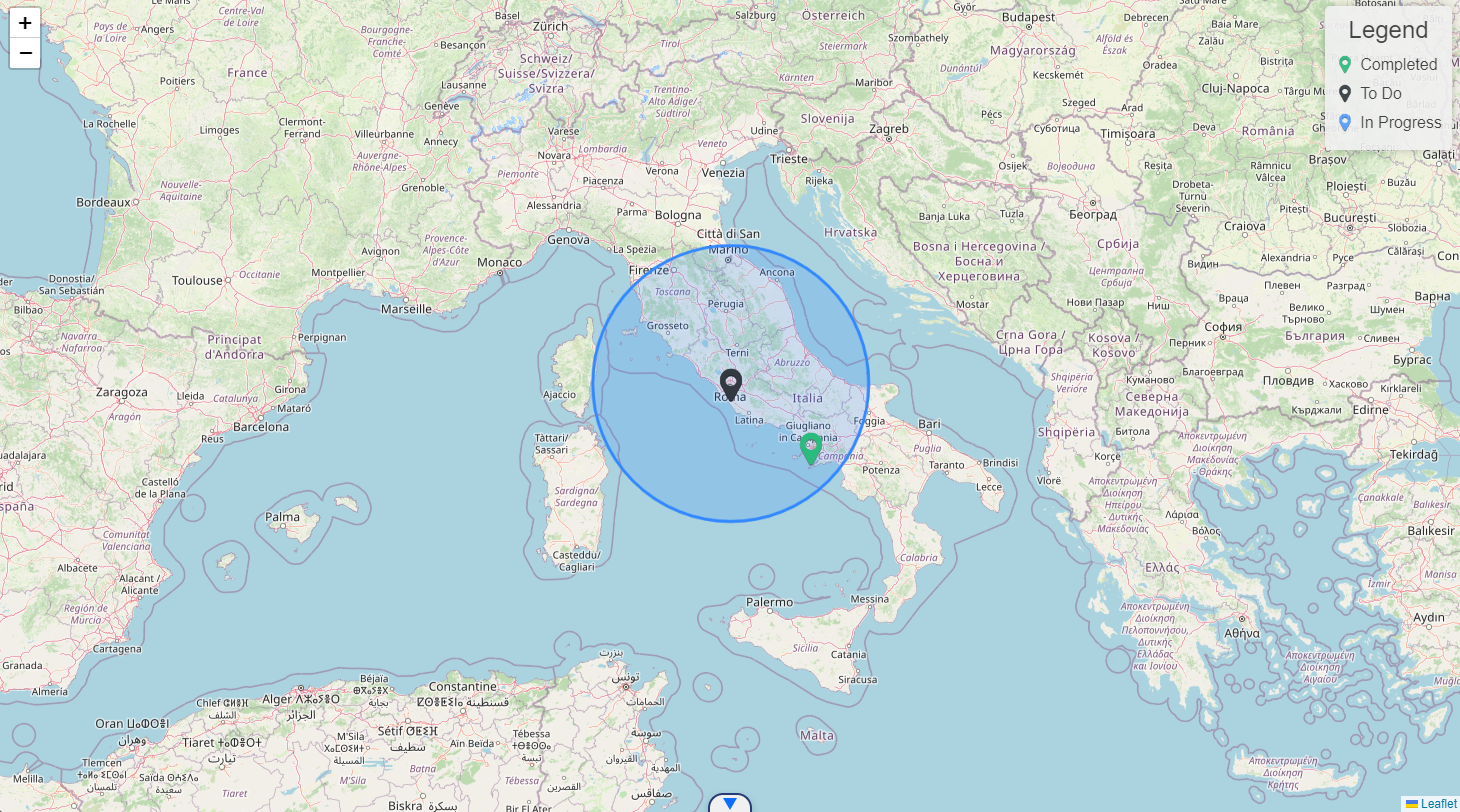 The image illustrates how the radius filter is applied to display only the markers within a specified geographic area.