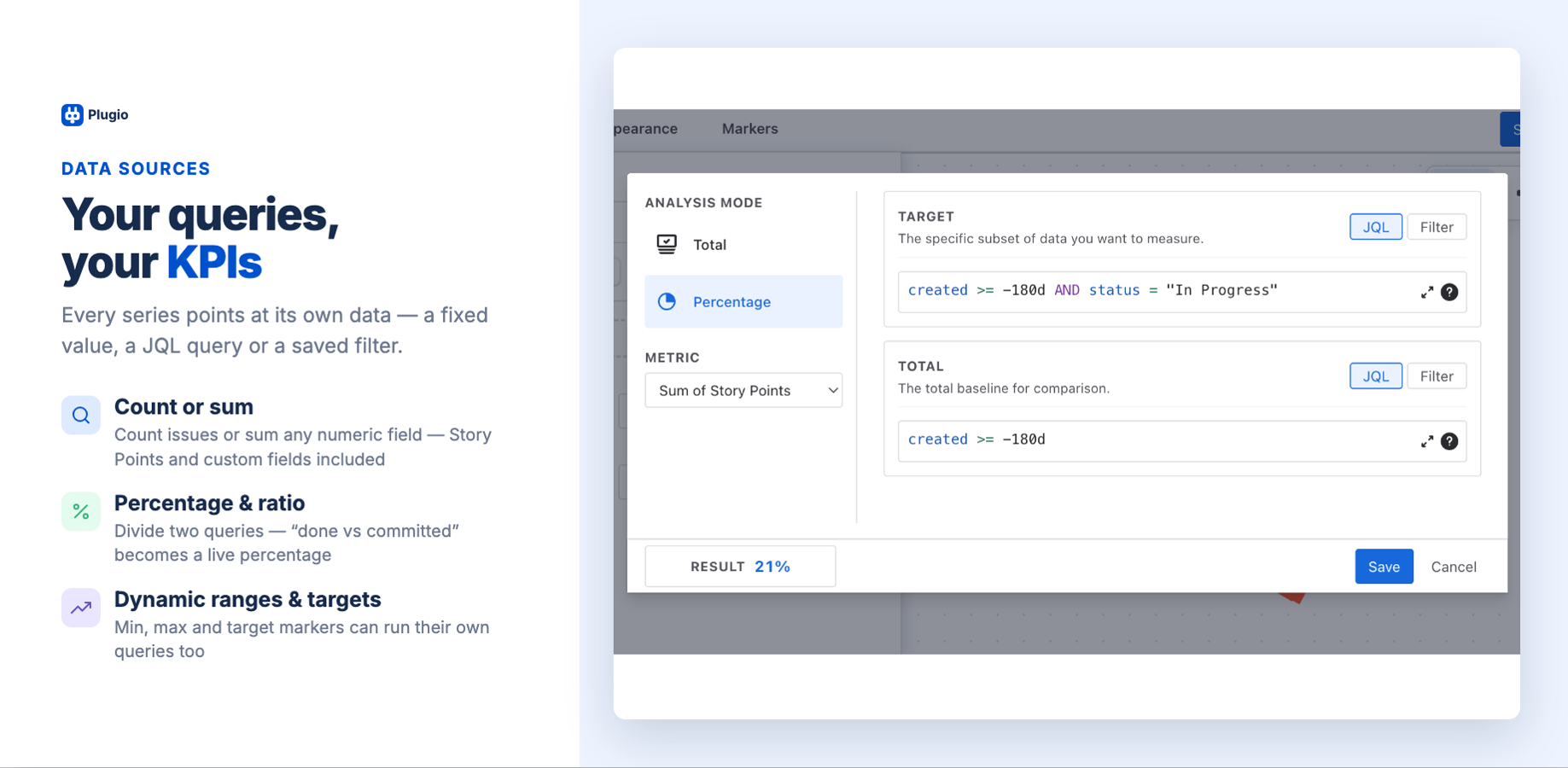 The gadget editor with a JQL-driven series and live preview — measures, saved filters and percentage mode a couple of clicks away.