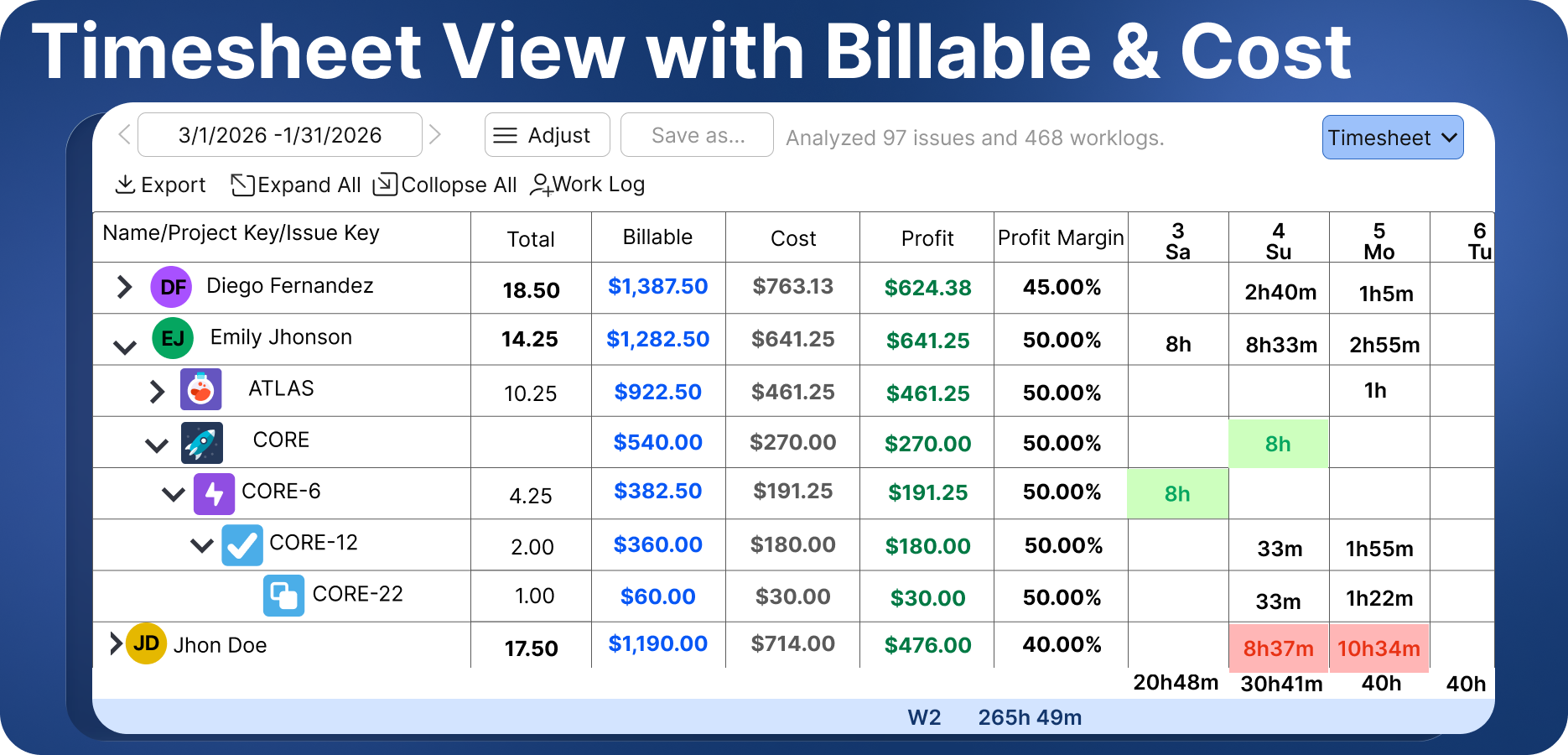 ​See your worklogs and associated cost information on the timesheet view with lots of grouping options and issue custom fields.