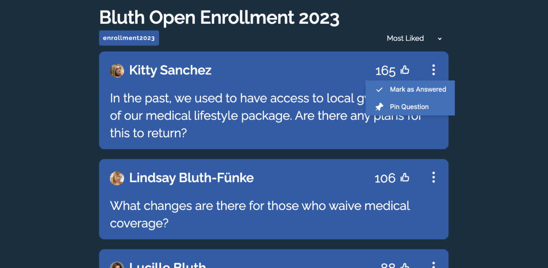 In this screenshot, you can see how Presenters can help manage event questions by marking a question as answered, and pinning a question to highlight the question being answered.