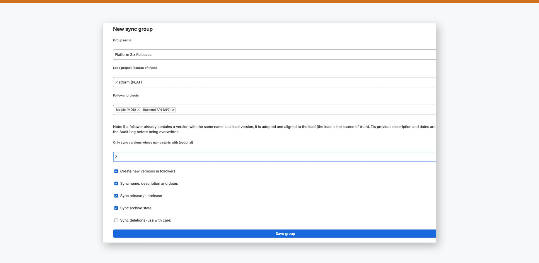 The sync group form: lead project, follower projects, optional name filter, and per-operation safety toggles.