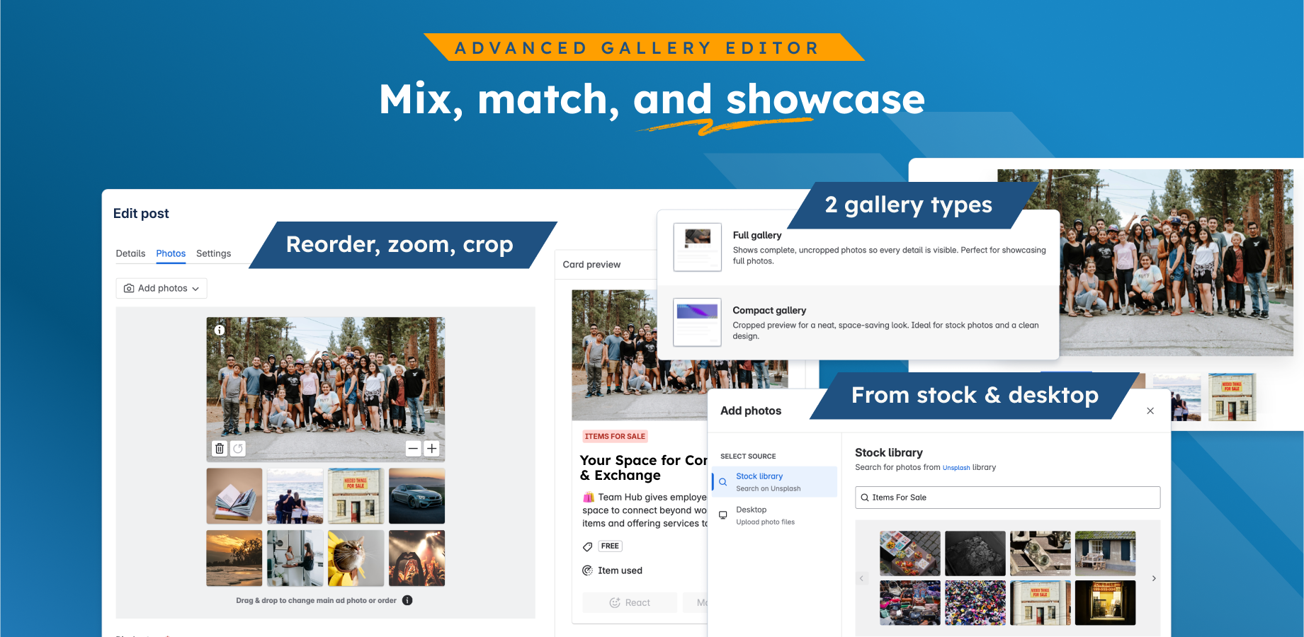 Advanced gallery editor (reorder, crop, stock images)