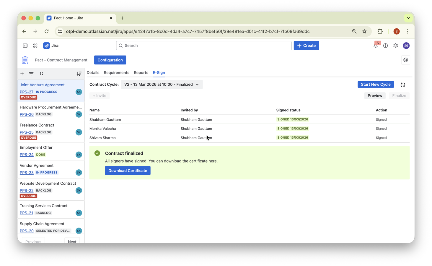 The E-Sign tab showing an active signing cycle with invited signers, their signing status, the contract snapshot preview button, and the option to finalize the cycle and generate a signature certificate.