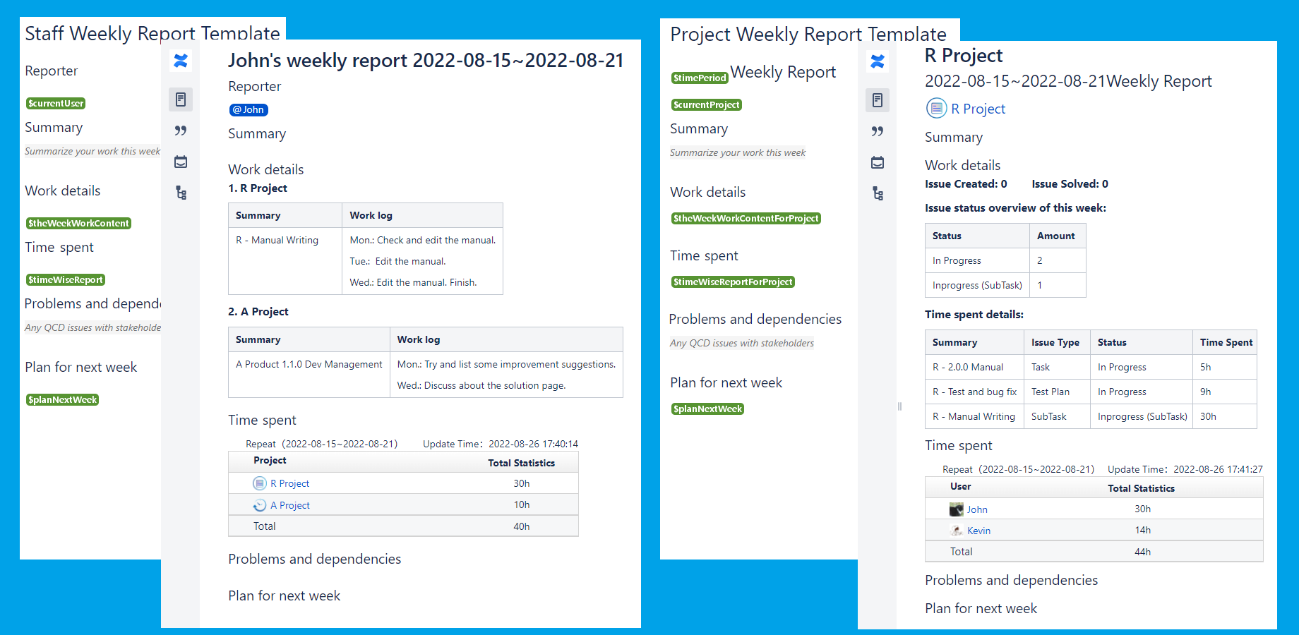 Blueprints of "Staff Weekly Report" and "Project Weekly Report" are available. Users can quickly create their own weekly reports and summarize their work information within a week.