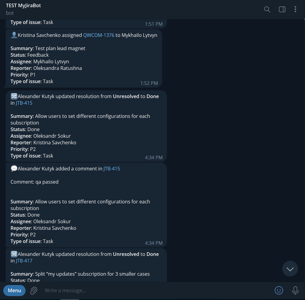 Jira notifications received from /watch command