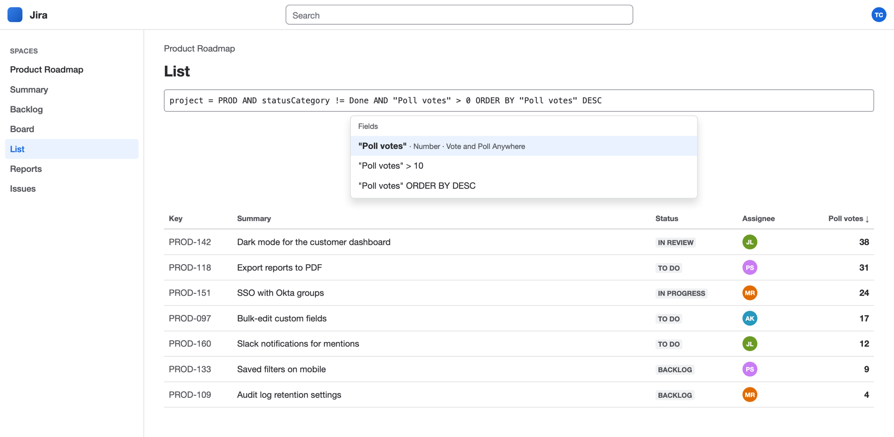 Jira's list view filtered with JQL and sorted by the Poll Votes column, with the field suggested in autocomplete.