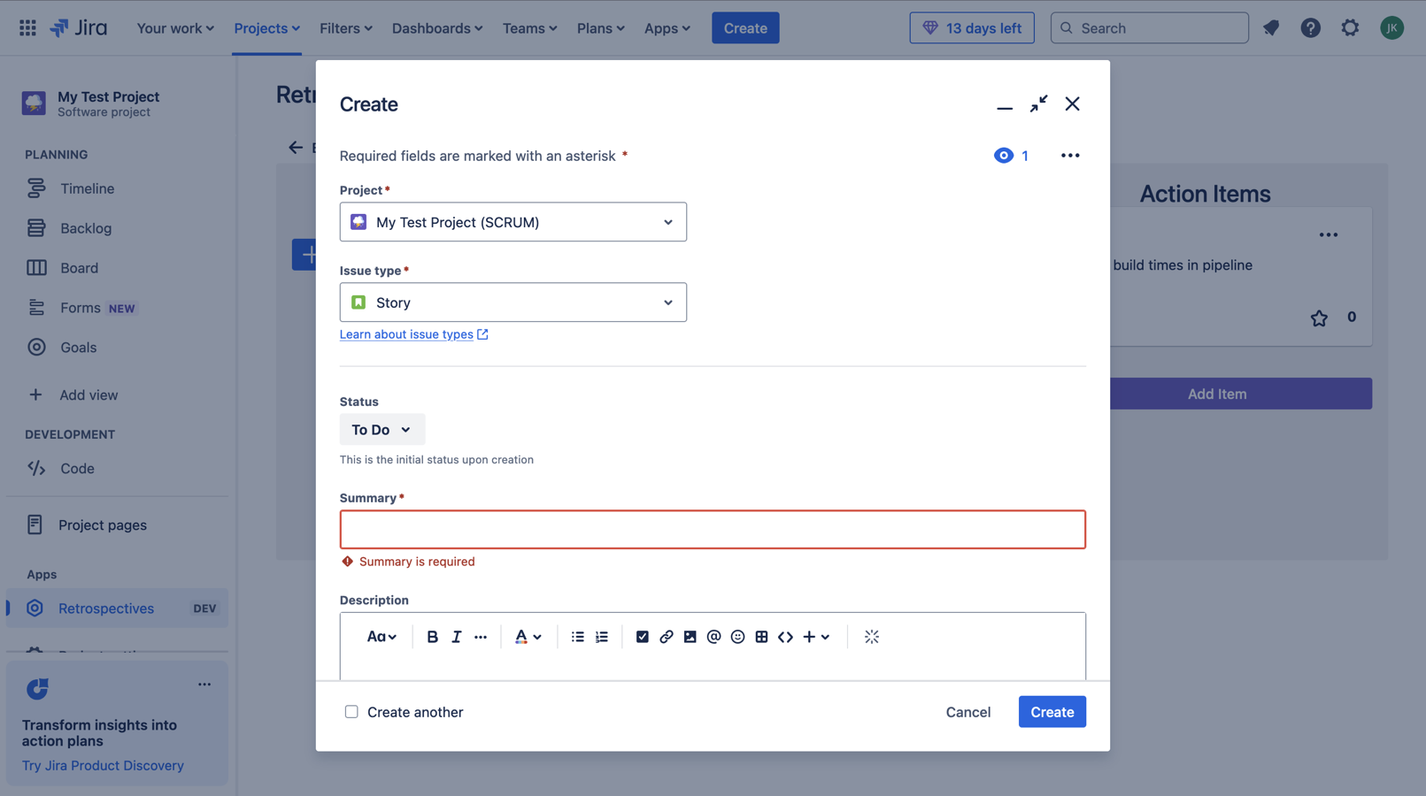 Create Jira tickets from Action Items directly in the app.