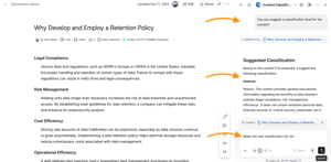 The Rovo Content Classification Agent recommends a sensitivity level from the page itself. People confirm or change it, and every decision lands in the audit log.