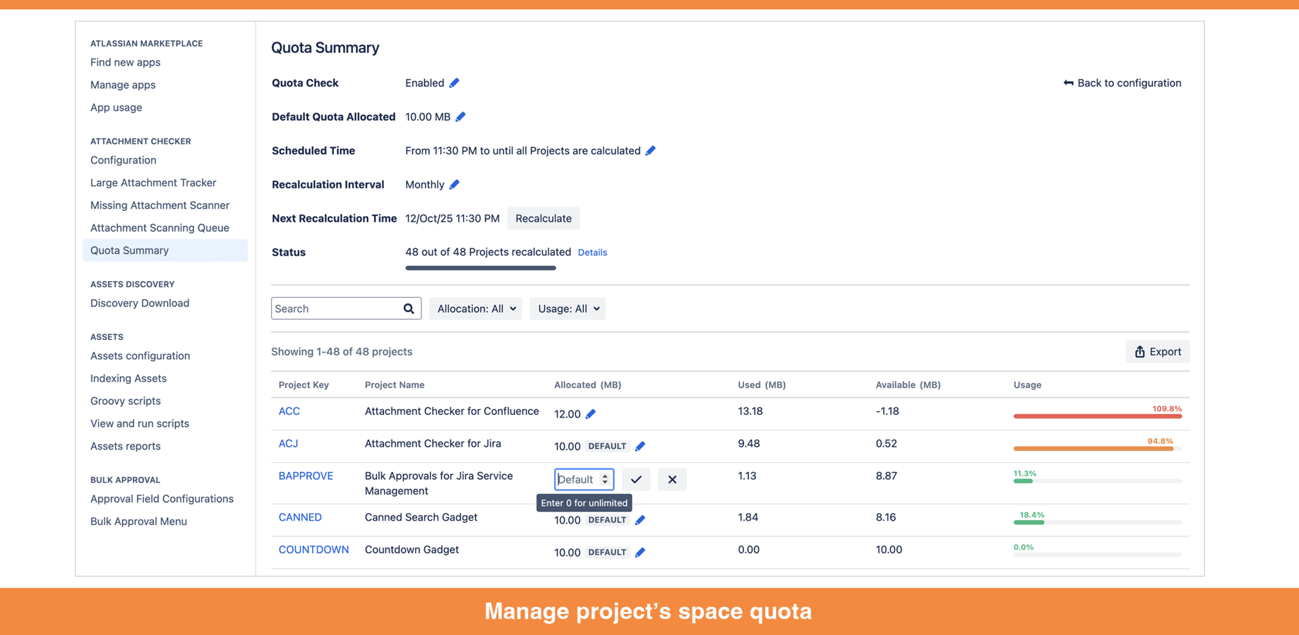 Manage projects' space quota