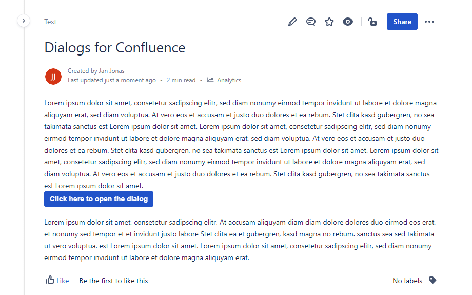 A button added to the Confluence page opens the dialog.