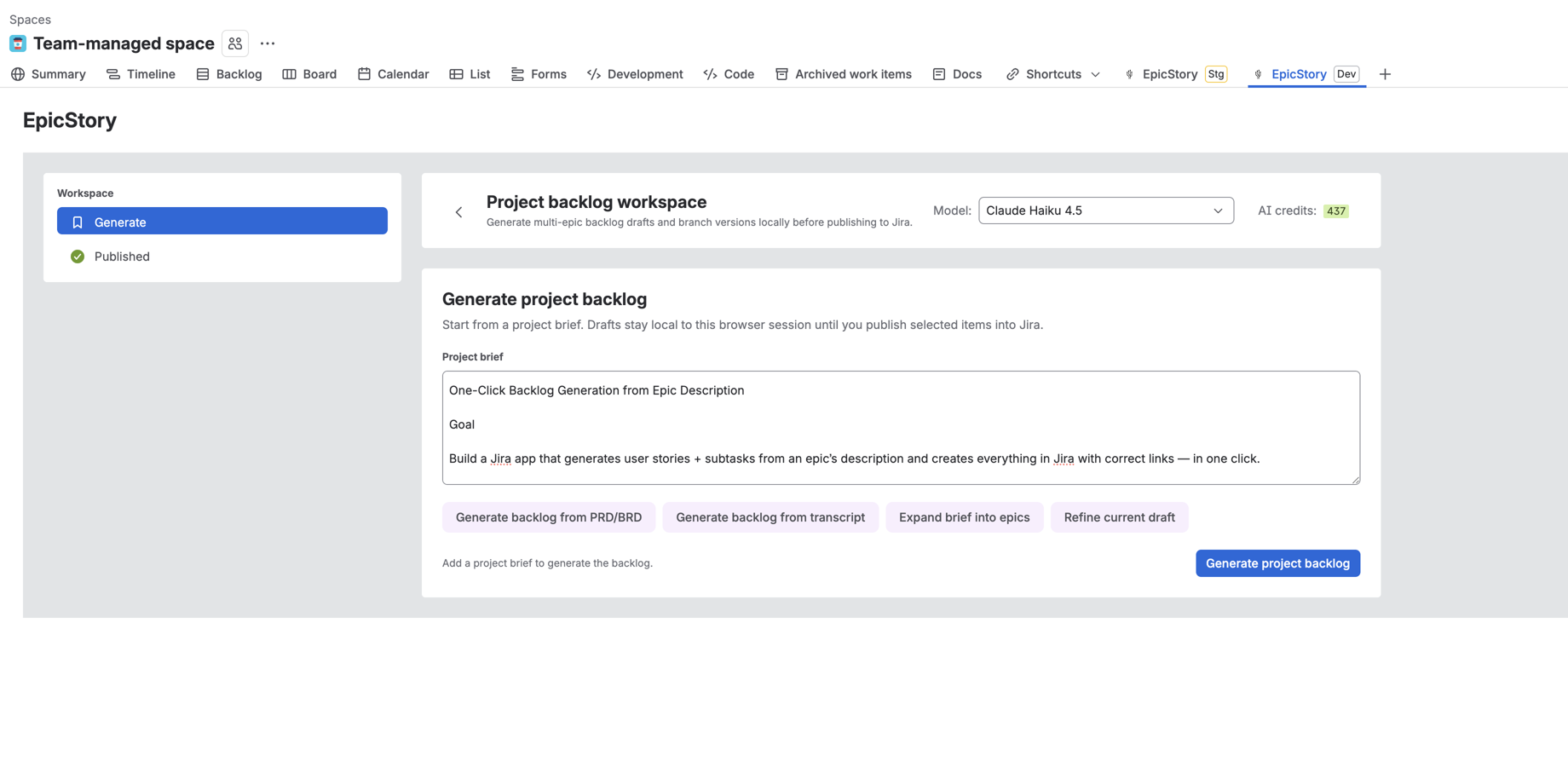 Project backlog workspace with multi-epic drafts