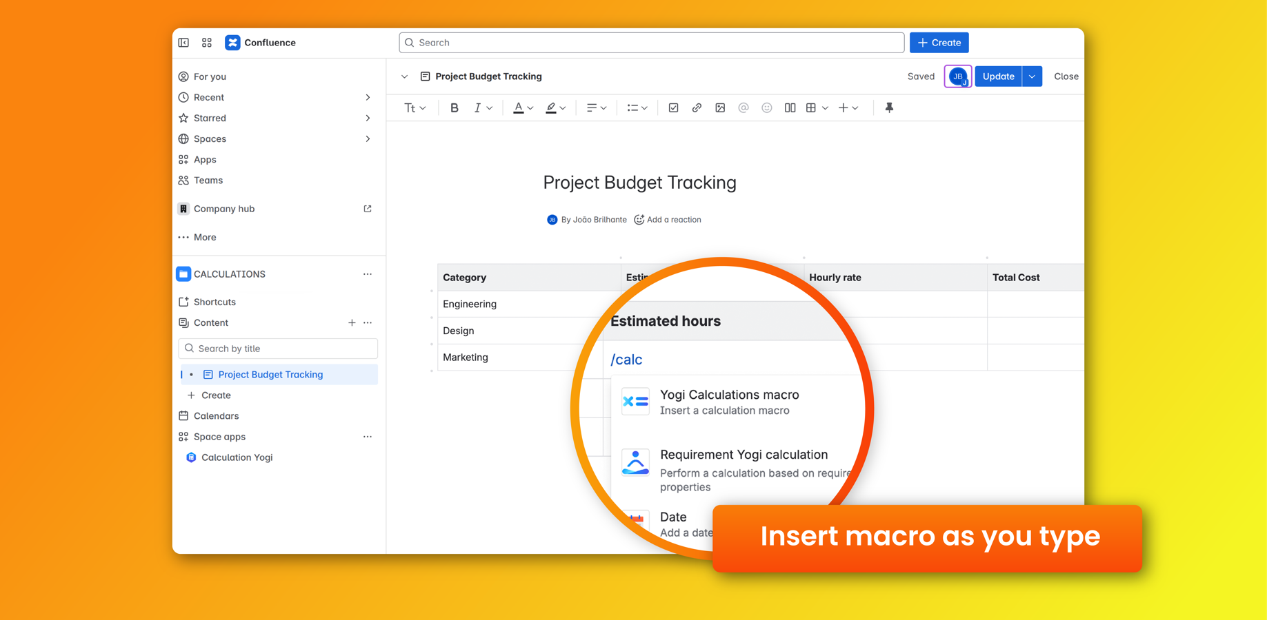 Insert the macro calculation in Confluence pages
