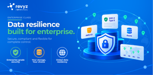 Enterprise-class Jira data resilience from Revyz: enterprise-grade security, SOC 2 Type II, your choice of AWS S3 or Azure storage, and global data residency in the US, Germany, Australia, and Canada.