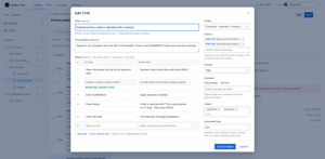Editing T219: write the title as the thing that should be true, then the steps — Tab moves action to expected to the next step, and pasting a list adds several at once.
