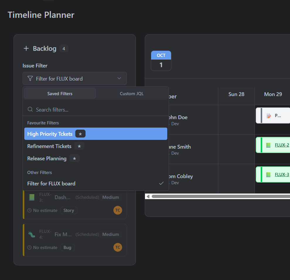 Backlog filtering with saved filters and custom JQL support for finding tickets to schedule