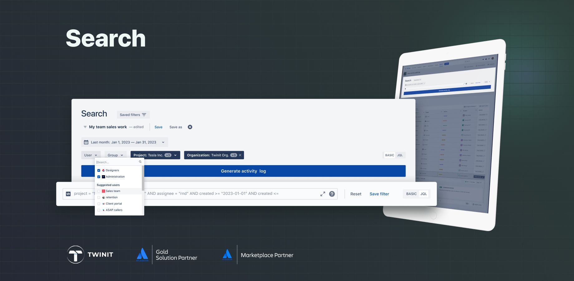 Easily filter activities by date range or advanced JQL search.