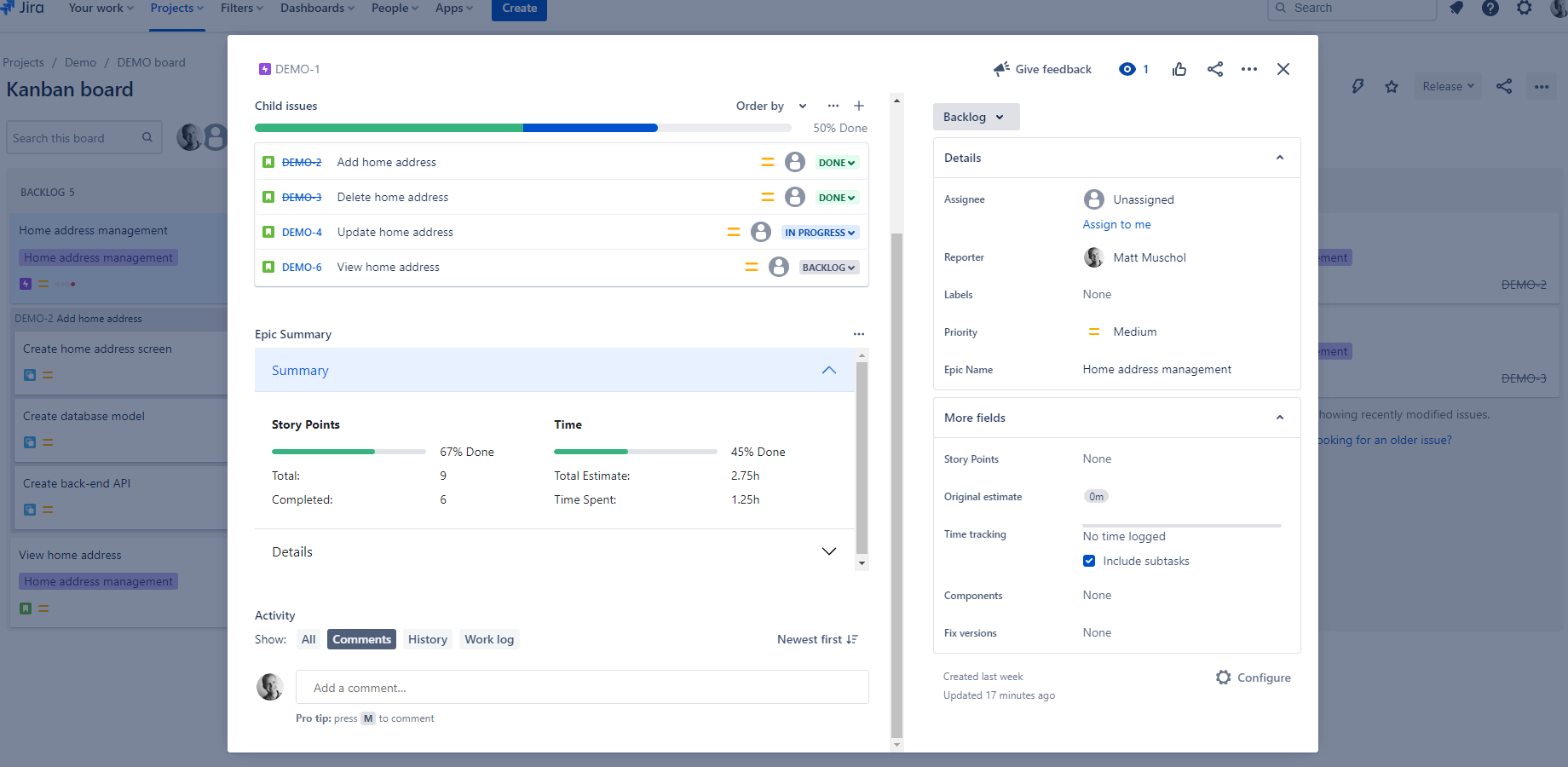 See progress against story points completed and time spent vs estimates.